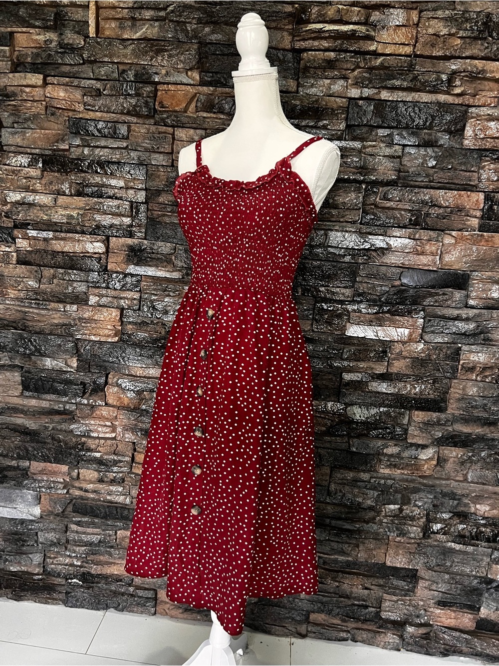 Red Polka Dot Midi Sundress with Button Front - Picture 9 of 16